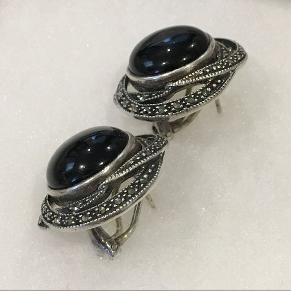 JUDITH JACK Onyx Marcasite Silver Vintage Studs - Picture 7 of 9